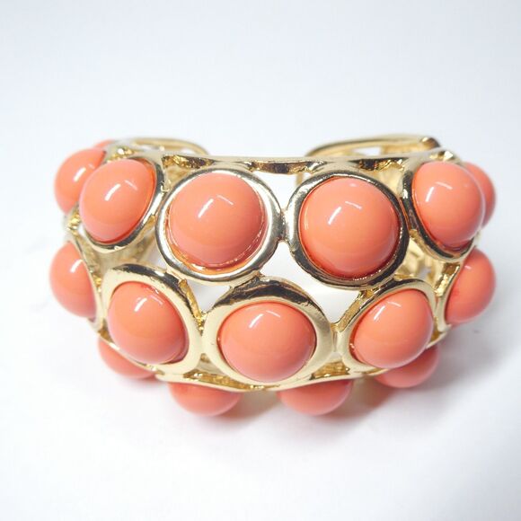 Kenneth Lane Hinged Cuff Bracelet Vintage Goldtone Coral Pink Bubble Chunky - Picture 5 of 15